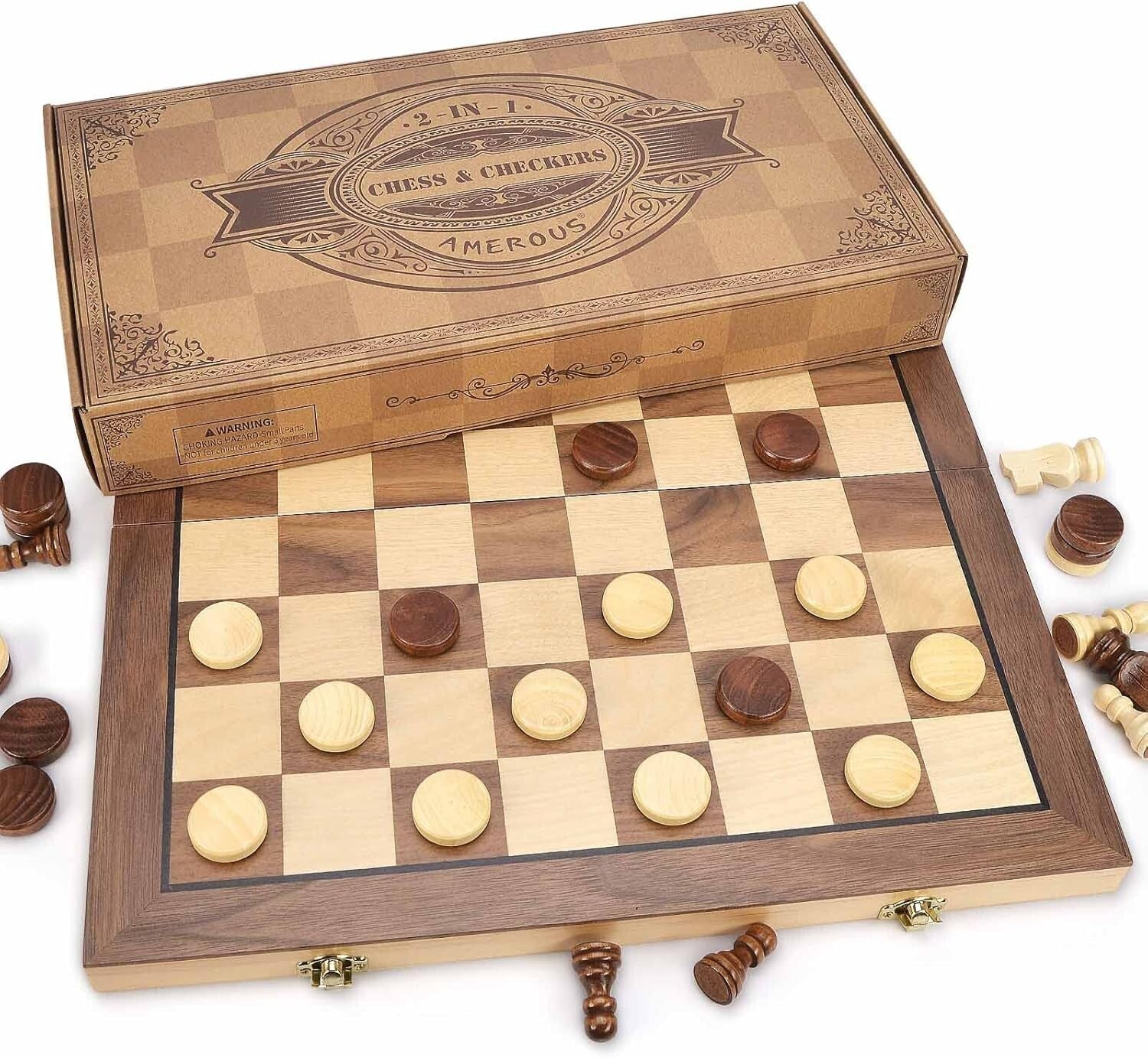 15'' Classic Wooden Chess & Checkers Set with Magnetic Pieces - Family Fun Game