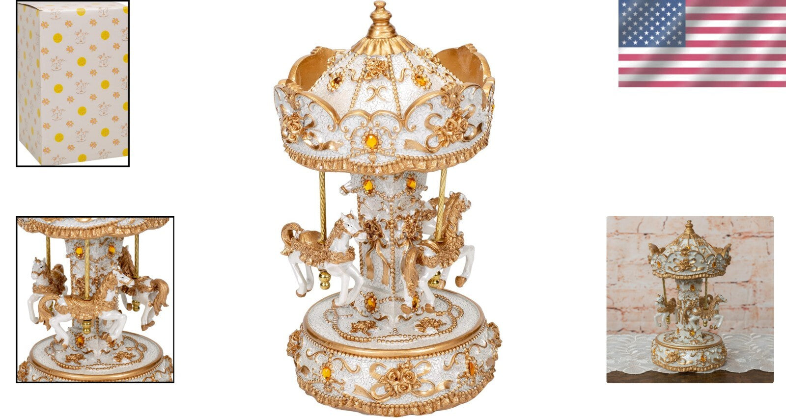 Collectible 10 Inch Gold Tone Carousel with Spinner & Waltz Tune – Artisan Made