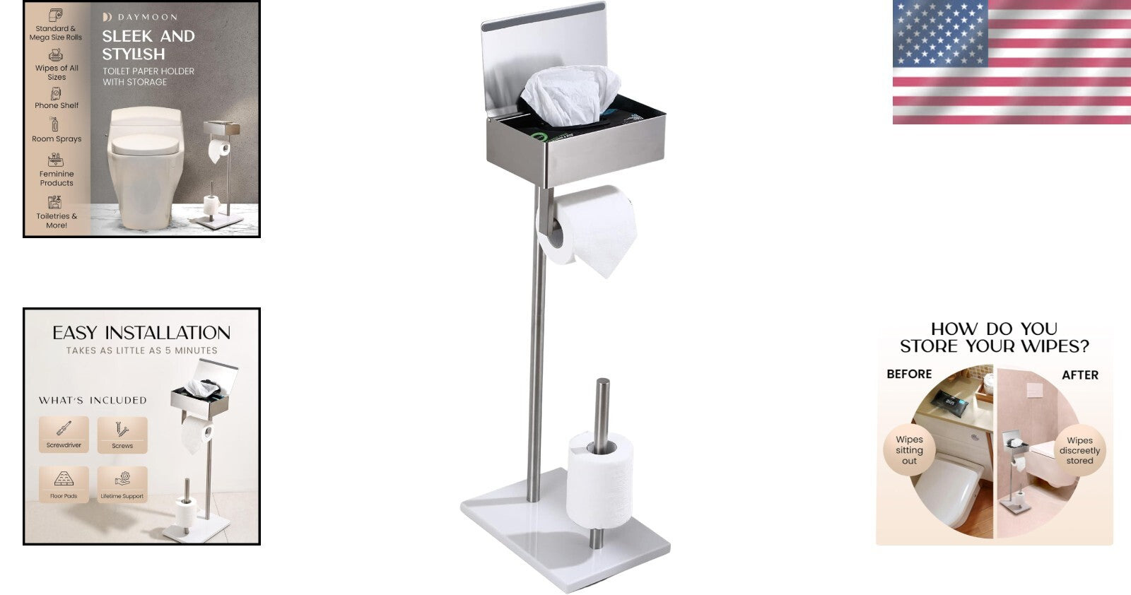 Elegant Brushed Nickel Toilet Paper Holder with Shelf - Free Standing Design