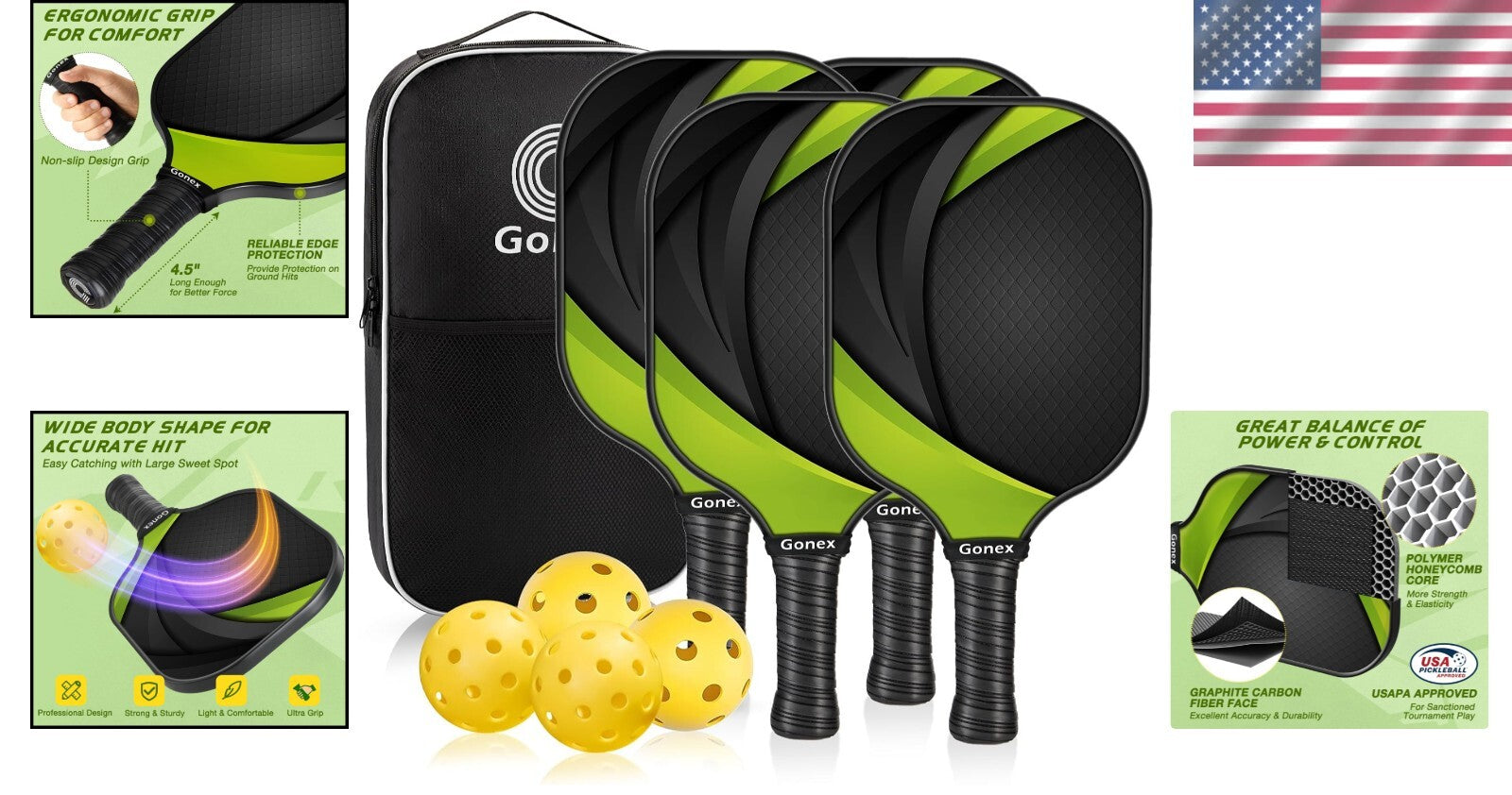Durable USAPA Graphite Pickleball Set for All Skill Levels - 4 Paddles & Balls