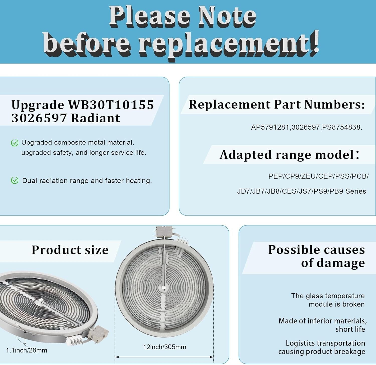 Upgraded 12in Radiant Surface Element Compatible with GE Glass Top Stoves