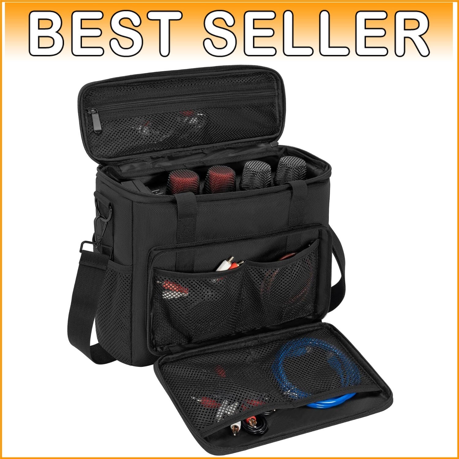 Durable Black Microphone Carrying Case with Foam & Adjustable Shoulder Strap
