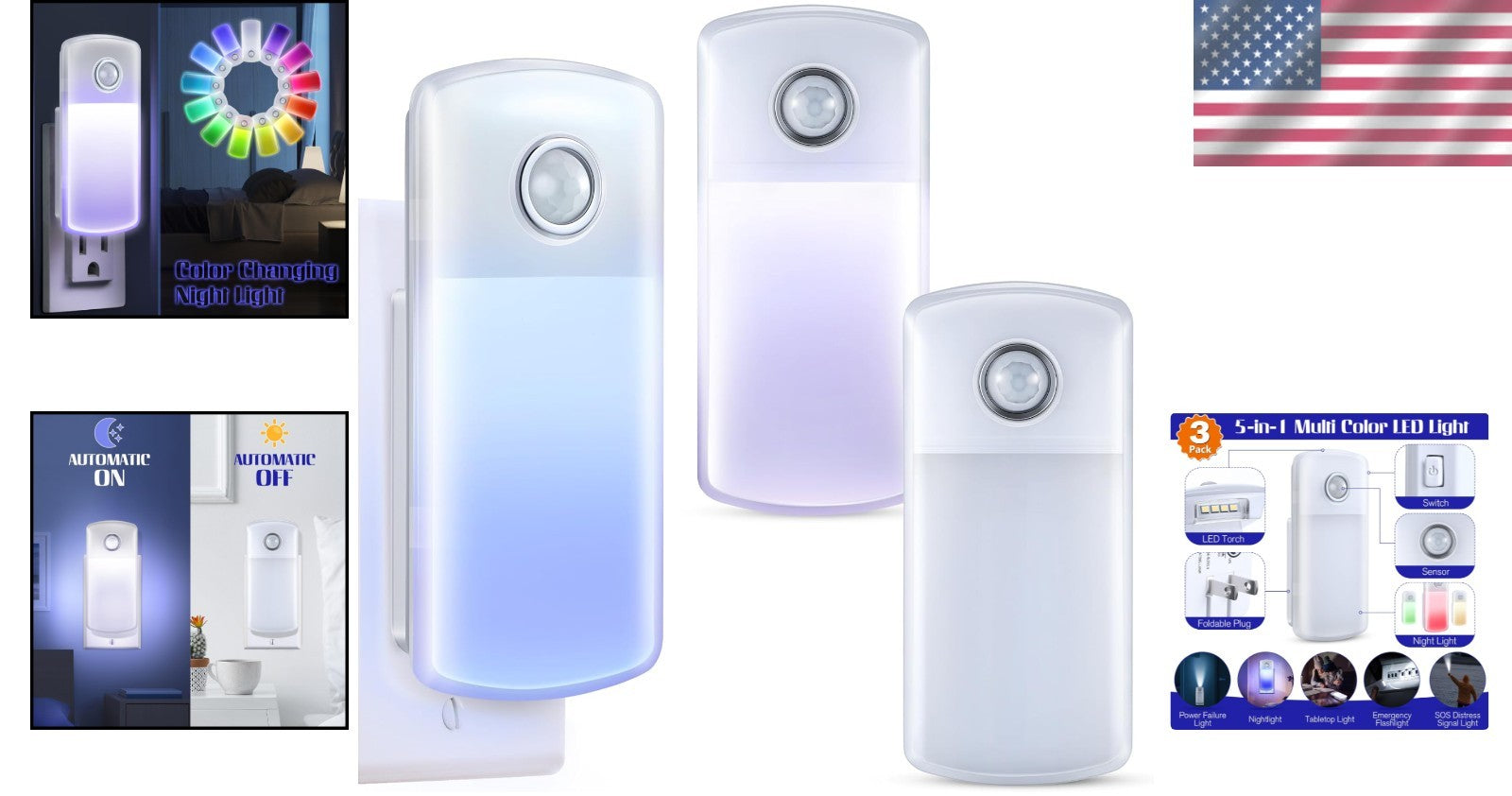 Dusk to Dawn Emergency Night Light & Flashlight with Foldable Plug - 3 Count