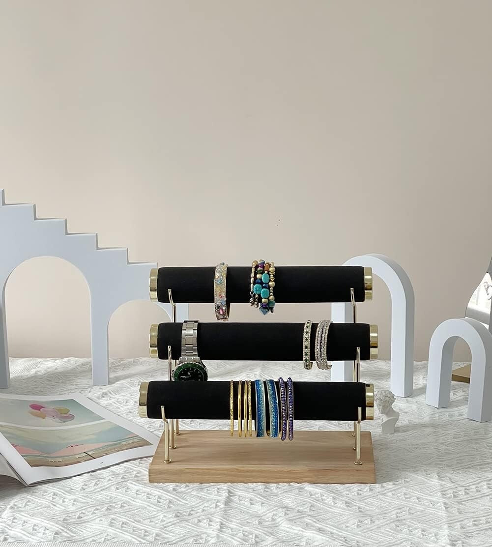 Freestanding 3-Tier Bracelet Holder - Elegant Velvet Stand for All Jewelry