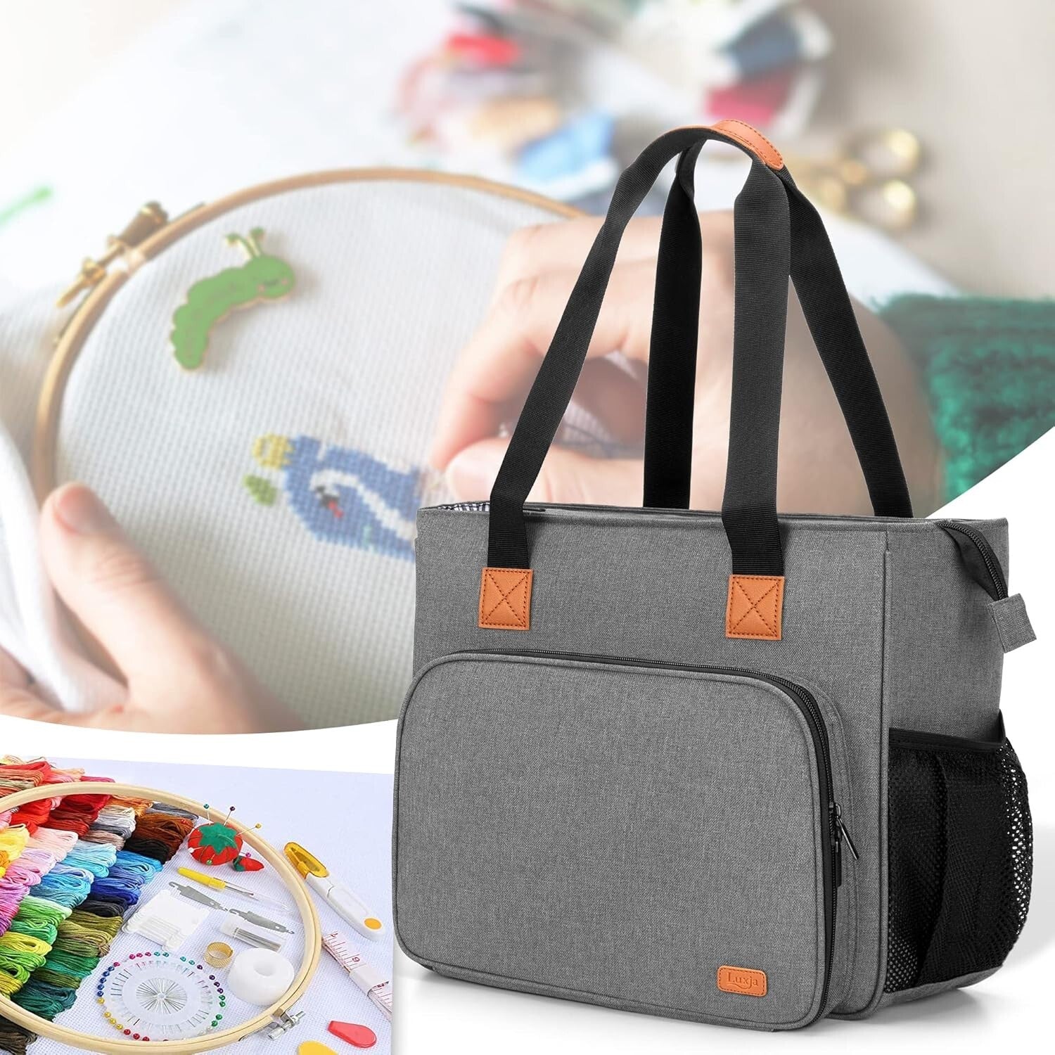 Heavy-Duty Gray Embroidery Project Bag with Padded Storage & Multiple Pockets