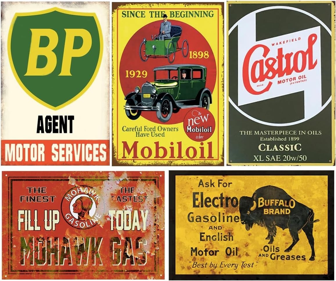Durable Vintage Gas & Oil Metal Signs - 24-Piece Wall Art Collection, 8x12 in.