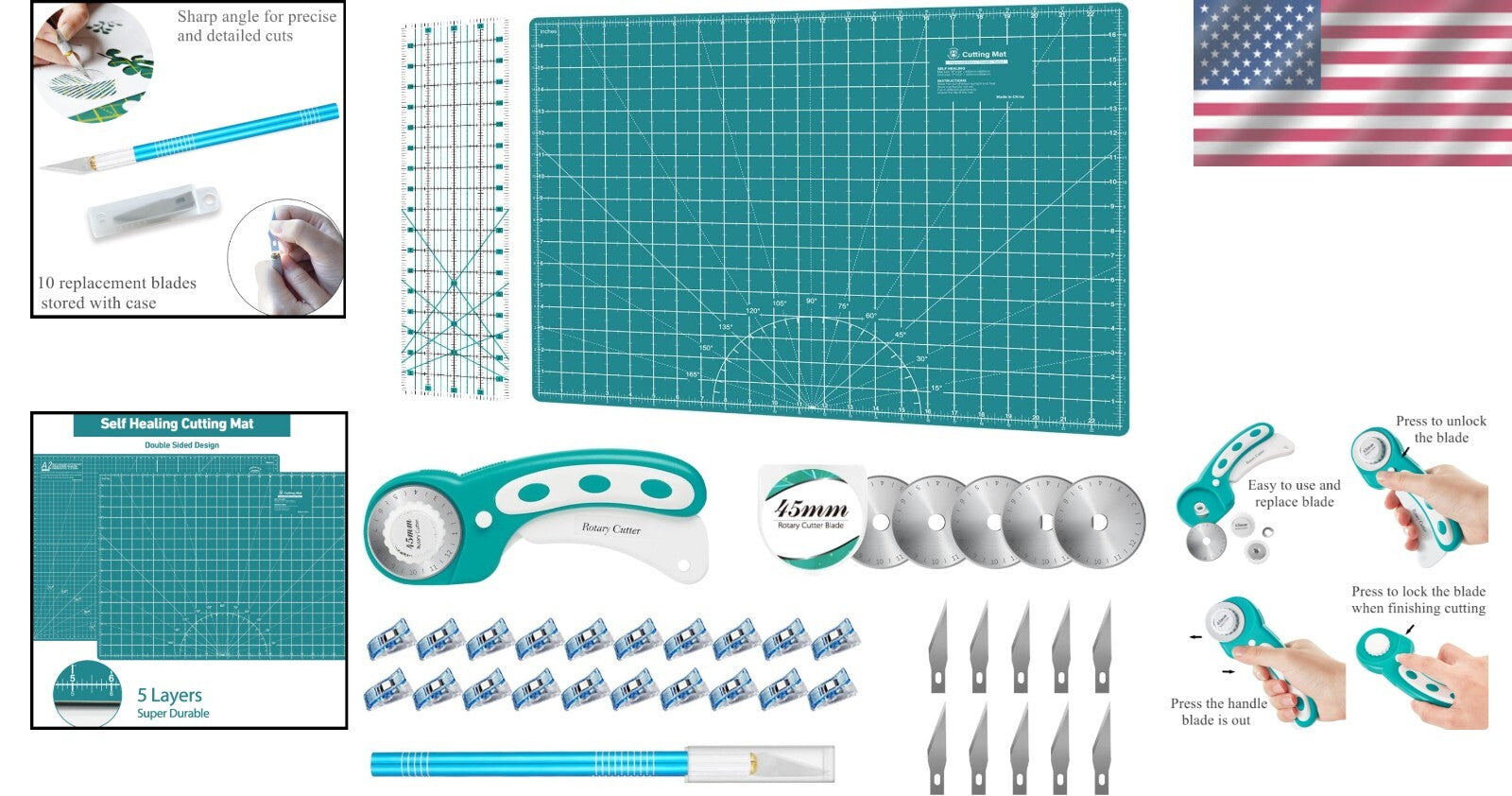 All-in-One Quilting Kit: Rotary Cutter, Blades, Mat & Craft Knife for Crafts