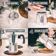 Load image into Gallery viewer, Premium Milano Moka Pot Stovetop Espresso Coffee Maker - 6 Cups, Silver Finish