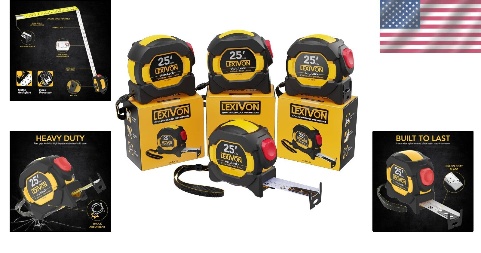 Durable Heavy Duty 25Ft AutoLock Measuring Tape - Set of 4 with Easy Read Scale