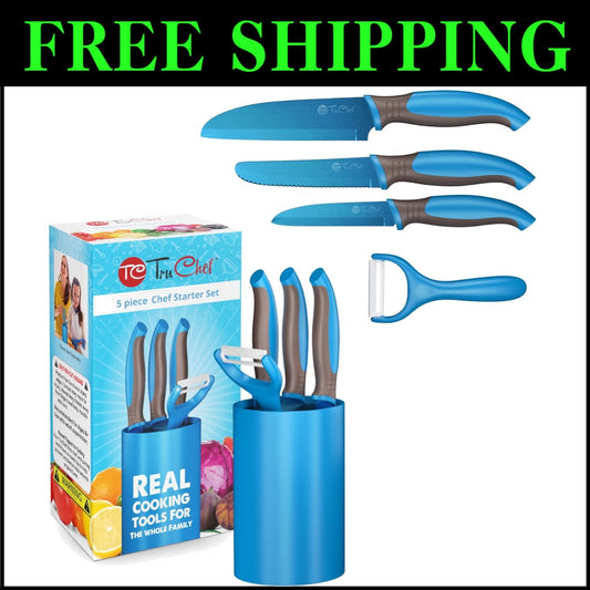 5-Piece Kids Cooking Set: Safe Blue Knives, Peeler & Holder for Young Chefs
