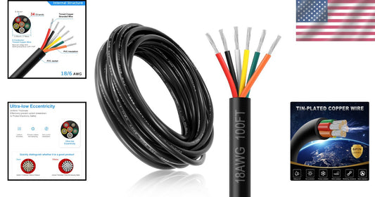 100FT 18 Gauge 6 Conductor Tinned Copper Wire for Versatile Electrical Projects