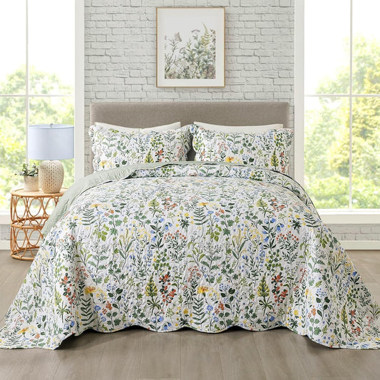 Soft Microfiber King Size Quilt Set - 3-Piece Floral Bedding for Year-Round Use