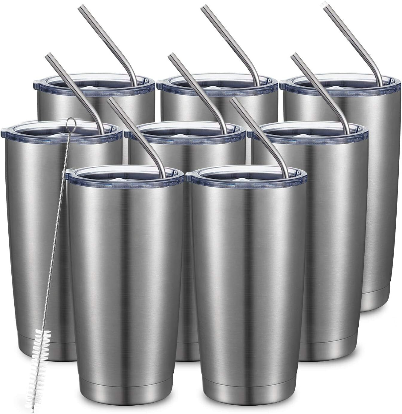 8 Pack of 20oz Insulated Stainless Steel Travel Mugs with Straws - Sleek Design