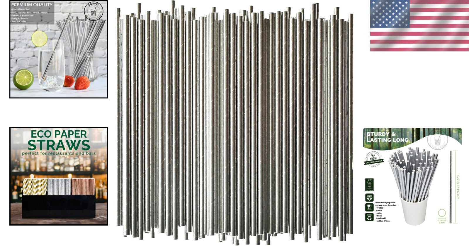 7.75" Stylish Silver Disposable Paper Straws - Perfect for Cocktails & Parties