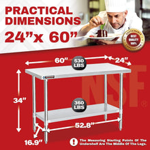 Load image into Gallery viewer, Stainless Steel Workbench 24x60 for Commercial Use - Easy Assembly &amp; Maintenance