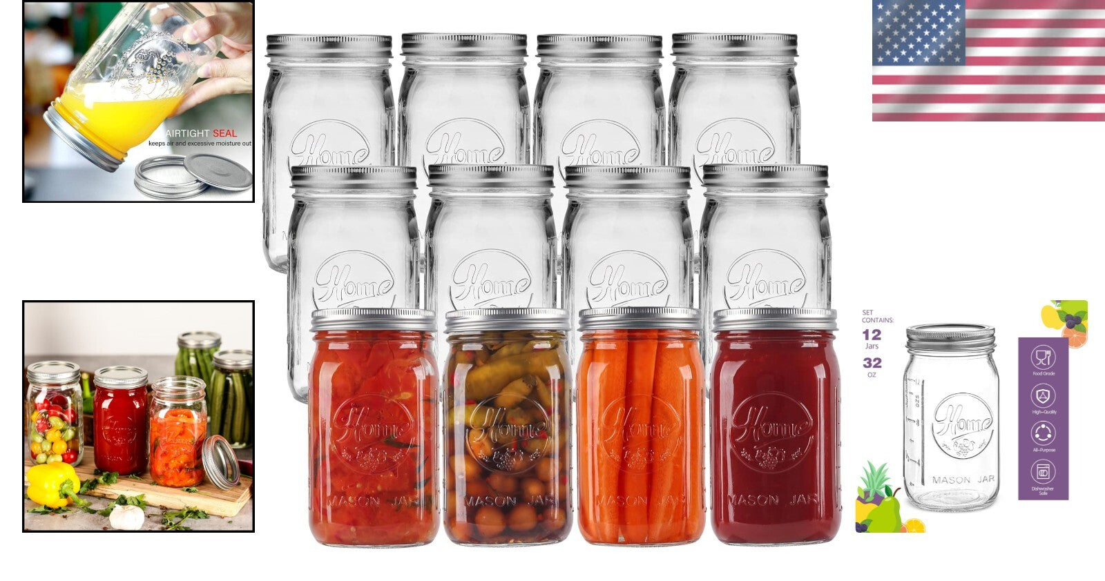 Clear Glass Mason Jars - 12 Pack 32 oz for Leafy Greens, Canning & Kitchen Decor
