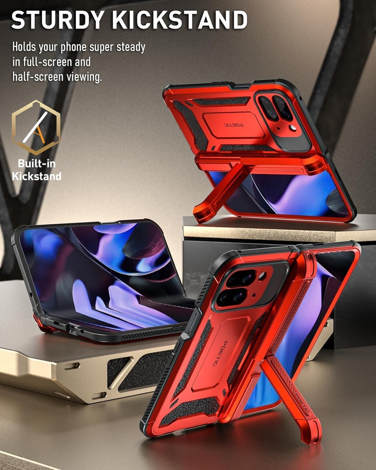 Rugged Metallic Red Case for Google Pixel 9 Pro Fold with Kickstand & Protection