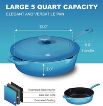 Load image into Gallery viewer, Oven-Safe 5QT Turquoise Cast Iron Frying Pan with Lid &amp; Stainless Steel Handle