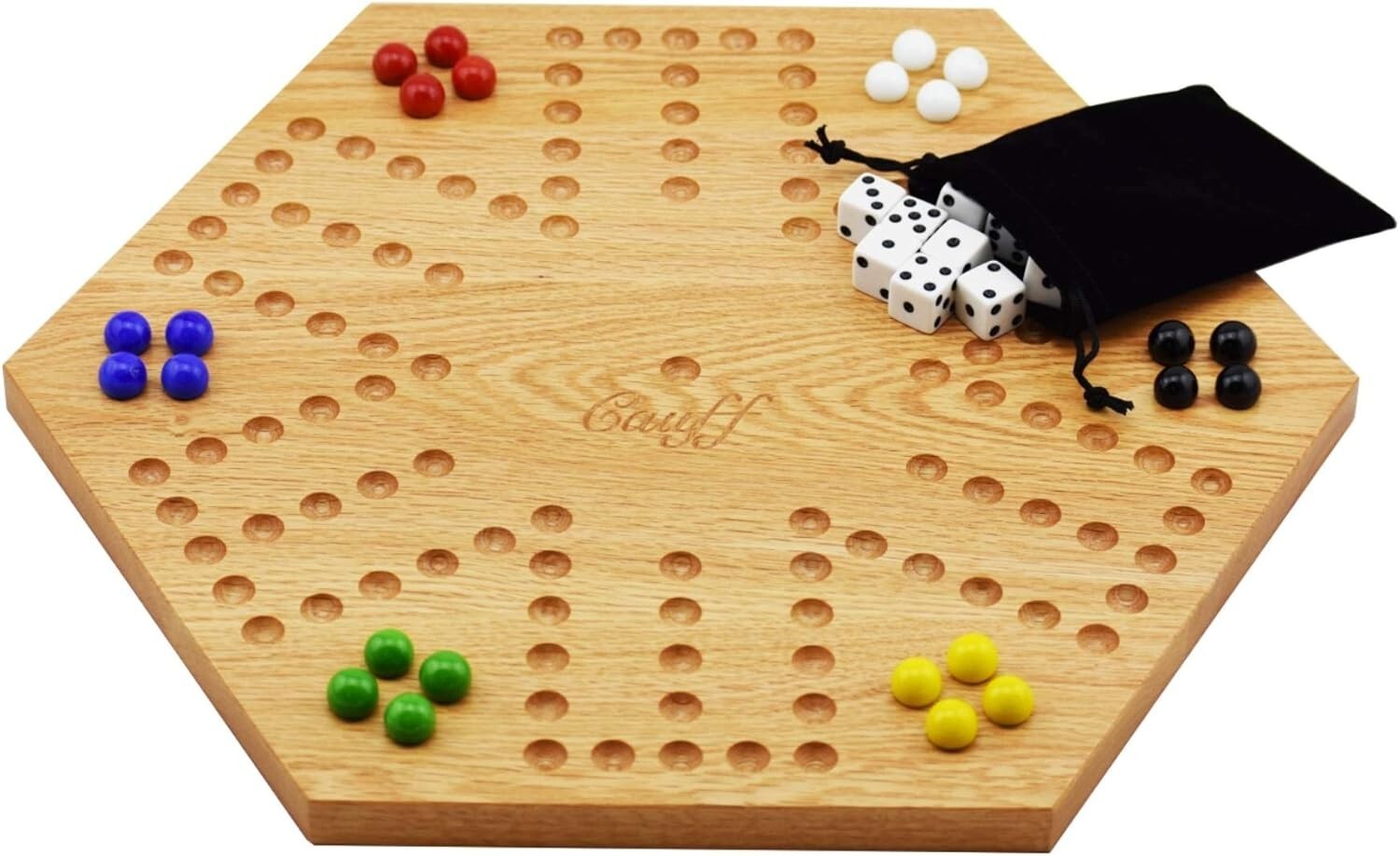 Double-Sided Marbles Game with Dice & Storage Bag - 4-6 Players - Oak Board