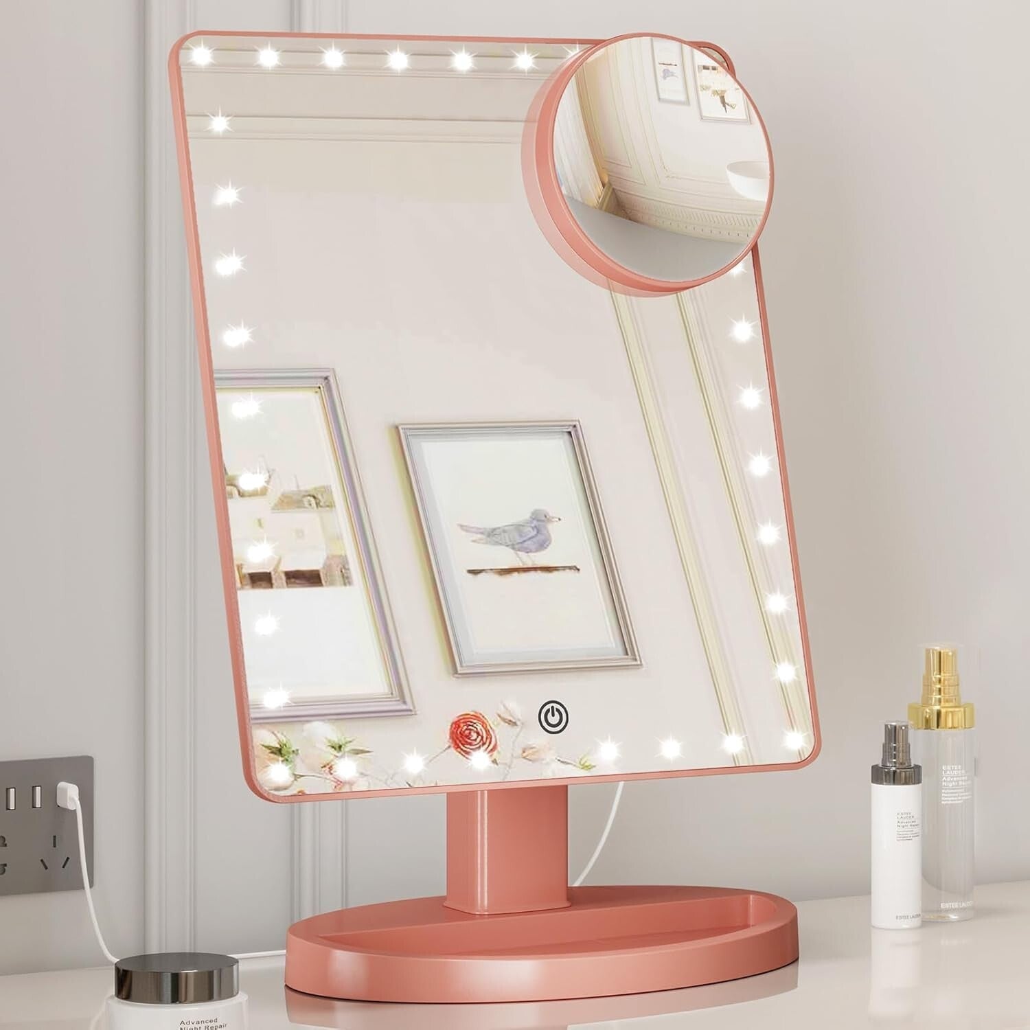 Large Lighted Makeup Mirror with 10X Magnification & 360° Rotation in Rose Gold