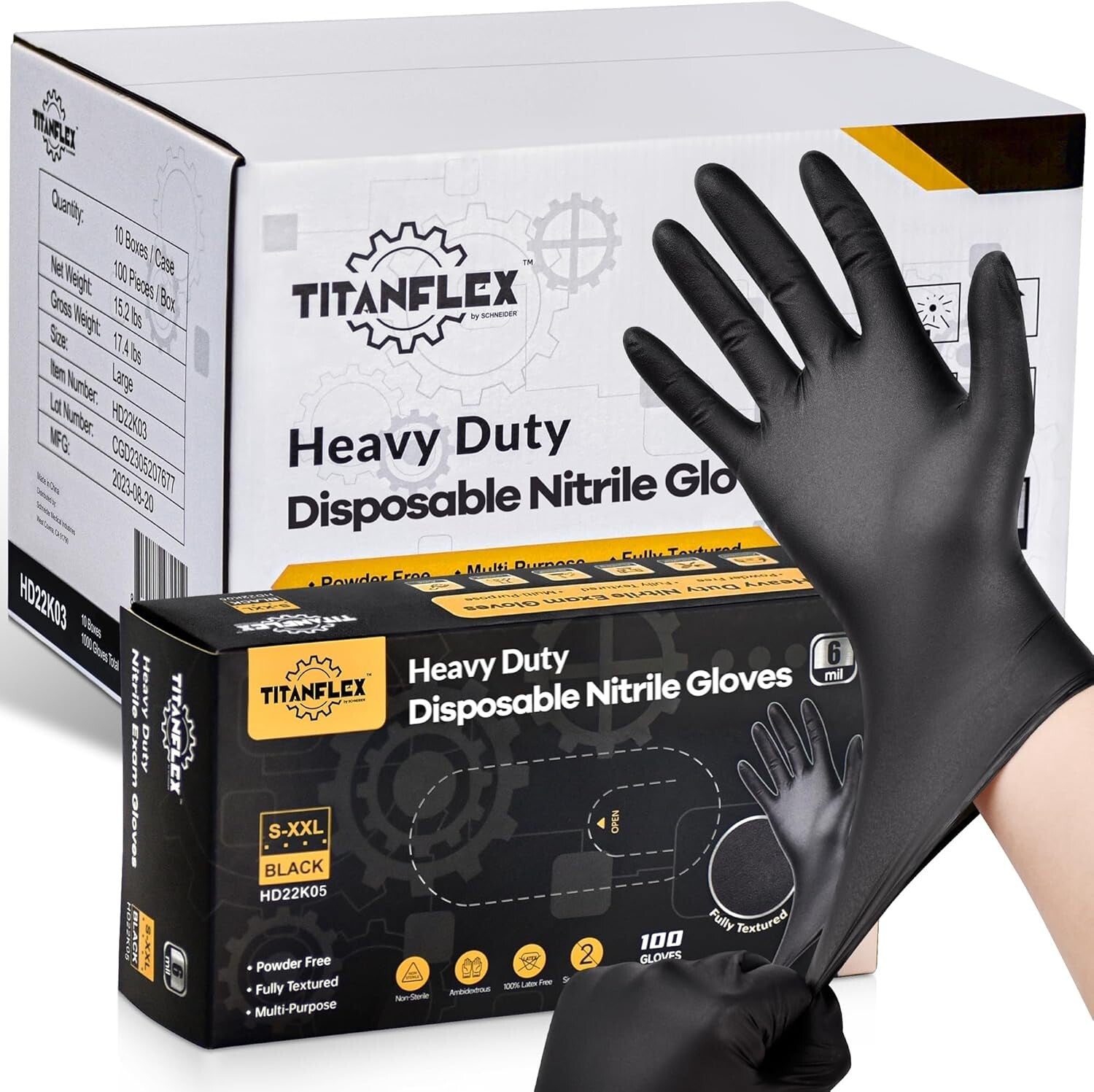 Heavy-Duty Black Disposable Nitrile Gloves, Box of 100, 6-mil for Professionals