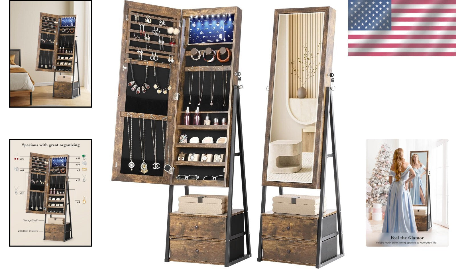 Full-Length Mirror Jewelry Cabinet with Velvet Compartments & 2 Drawers