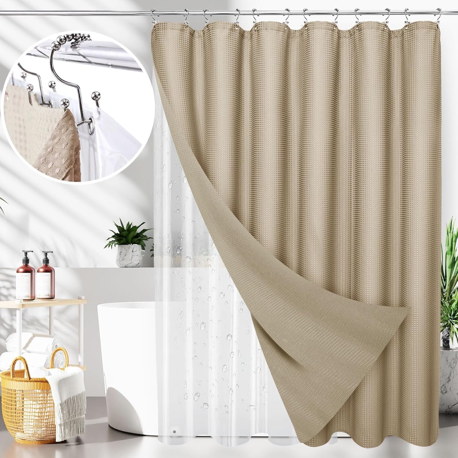 All-Season Waterproof Waffle Shower Curtain Set with Stainless Steel Hooks 72x84