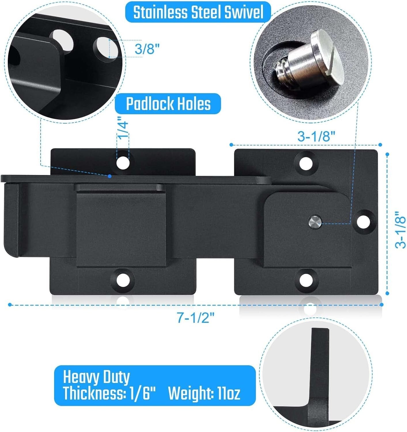 Elegant 7.5" Aluminum Alloy Gate Latch with Padlock Holes - Heavy Duty 3-Pack