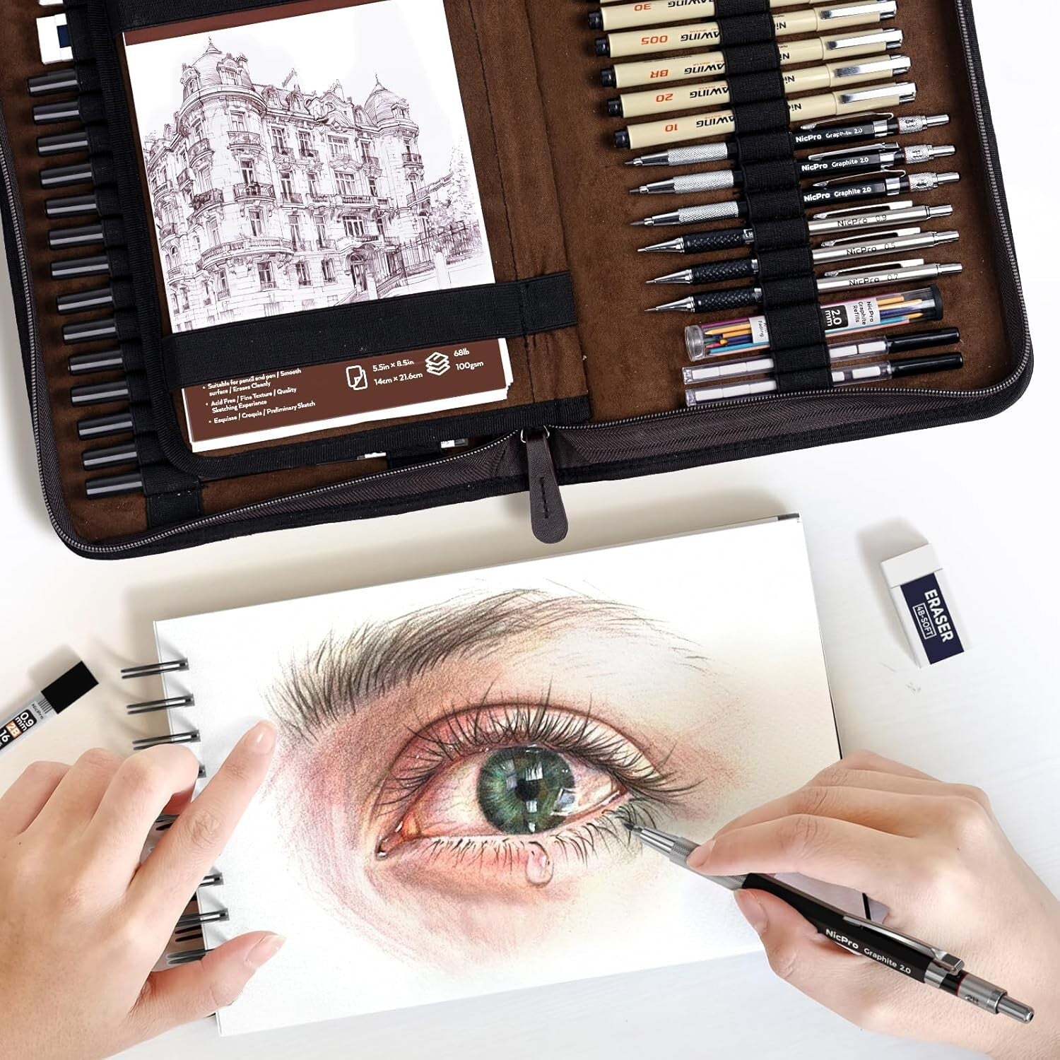 All-in-One 58PCS Drawing Supplies with Leather Case - Mechanical Pencils & More