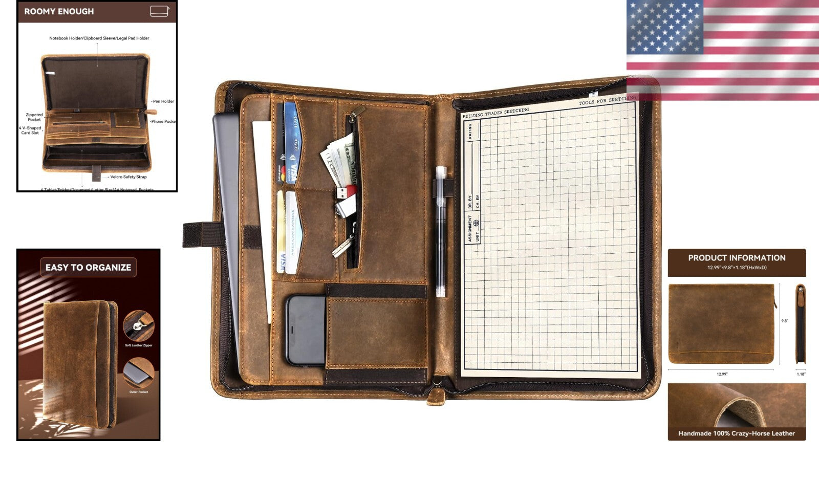 Handmade Crazy Horse Leather Padfolio - Stylish & Functional Business Organizer