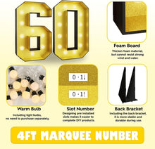 Load image into Gallery viewer, Illuminated 4FT Glitter Gold Number 60 Foam Board Kit - Retro Party Decor