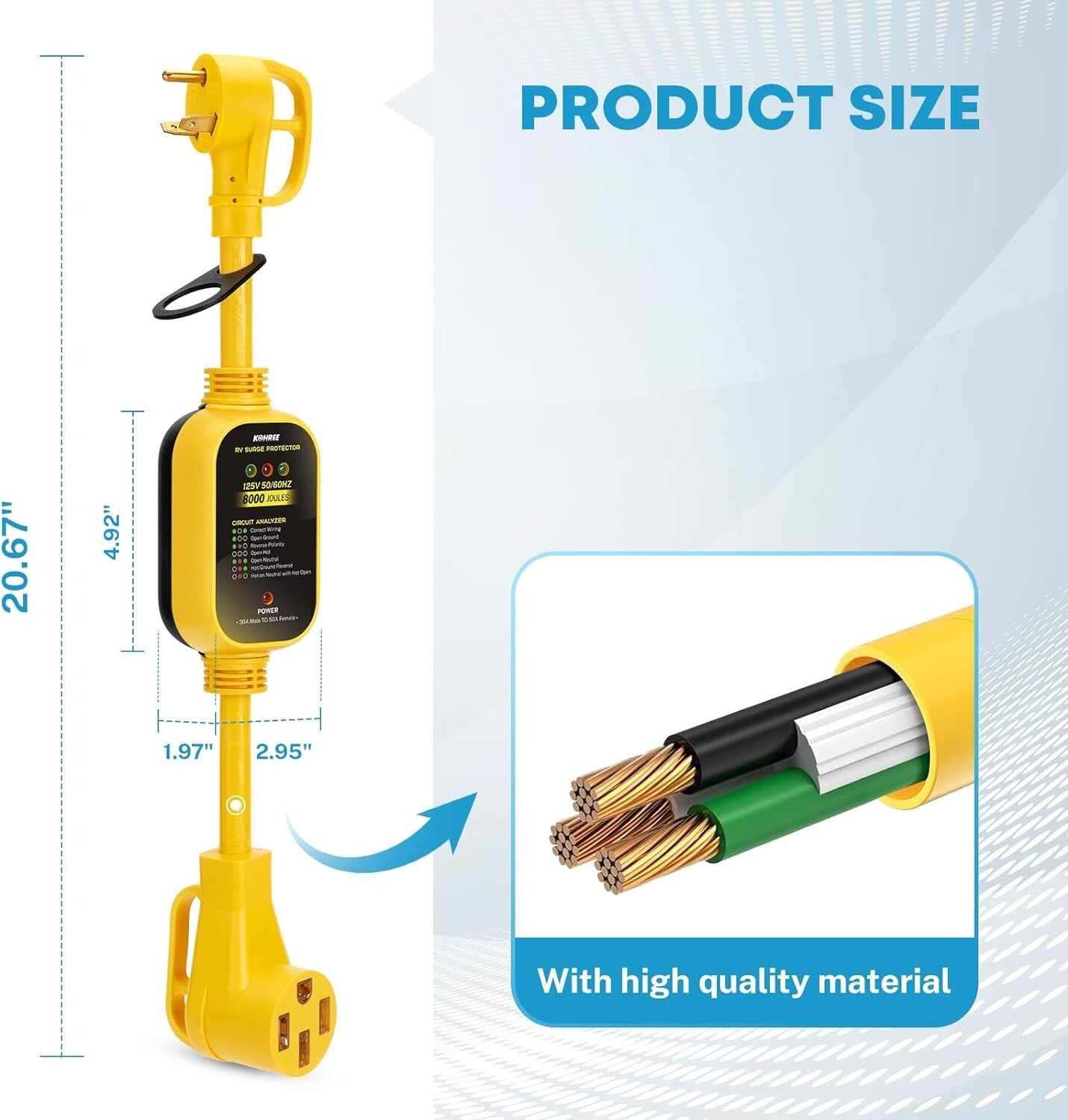 Ergonomic 30 Amp to 50 Amp RV Power Adapter with Surge Protection and Analyzer