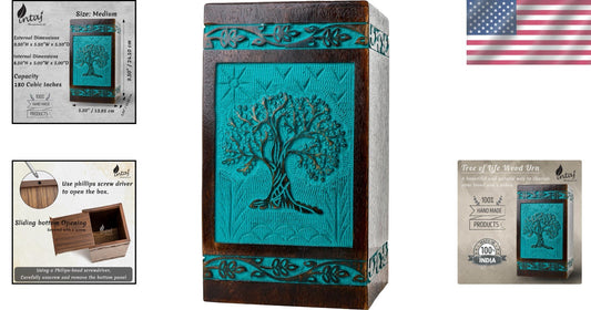 Handcarved Tree of Life Wooden Cremation Urn - 180 lbs Capacity, Teal Green