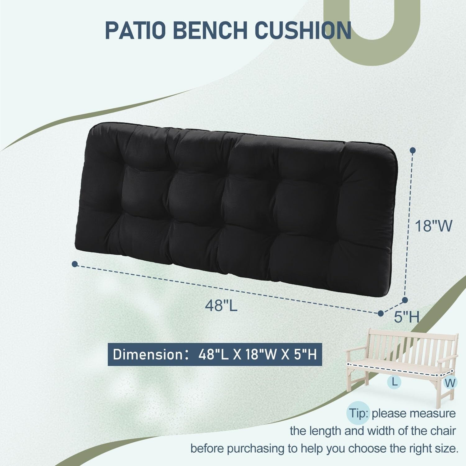 Durable 48x18x5 Black Patio Cushion - Waterproof and Stain-Resistant Design