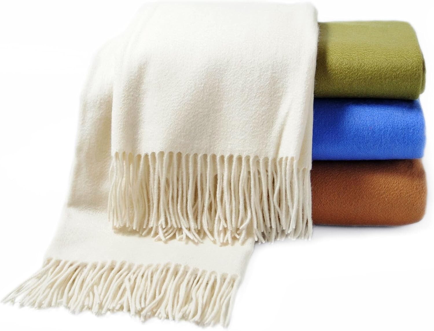 Elegant Lightweight Cashmere Blend Throw Blanket - Soft Ivory with Fringe Detail