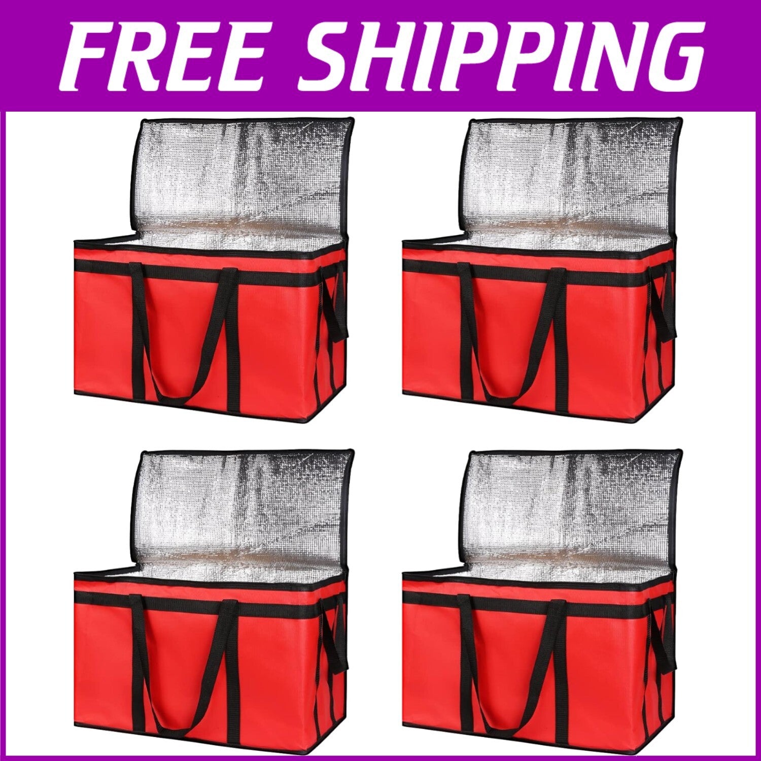 Eco-Friendly Insulated Grocery Shopping Bags 4-Pack - Red, Stylish & Practical