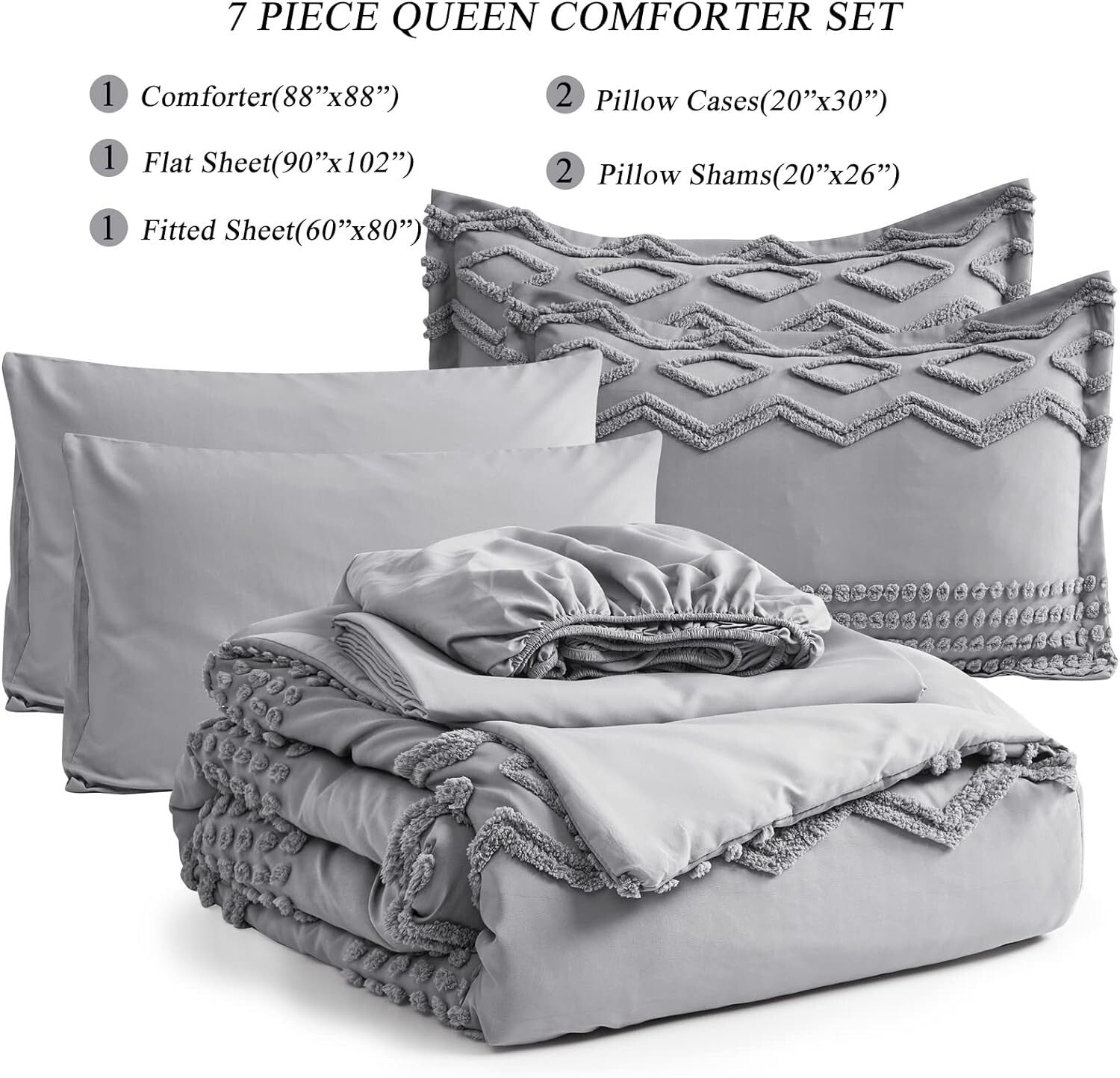 Elegant 7-Piece Tufted Bedding Set - Soft Microfiber Grey Bohemian Style