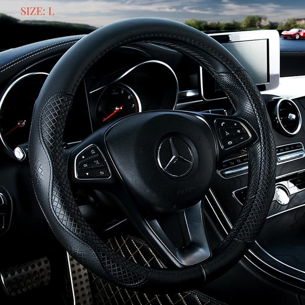 15.5-inch Black Cowhide Steering Wheel Cover - Stylish and Durable Protection