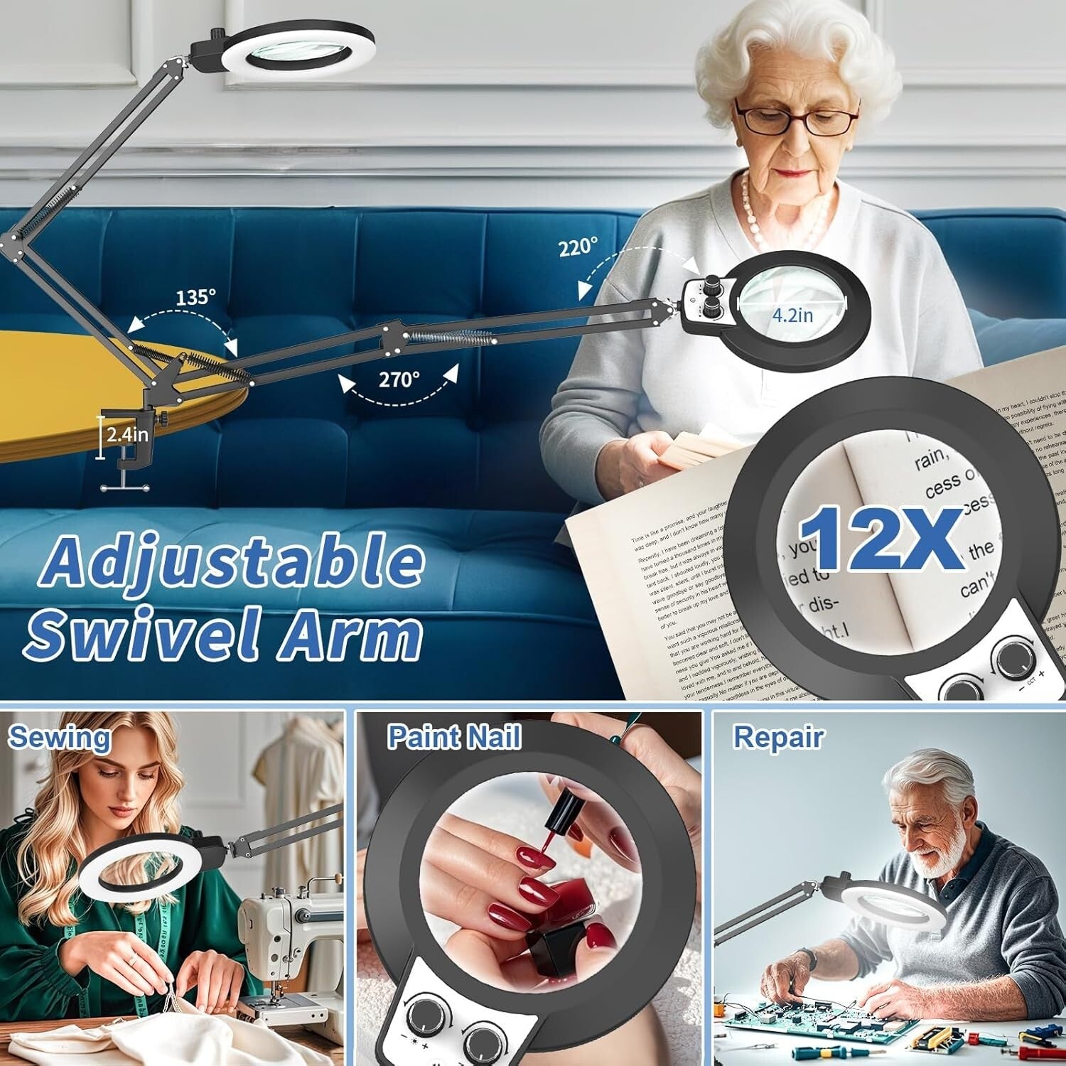 12X Hands-Free Magnifying Lamp with Adjustable LED Light for Crafts and Reading