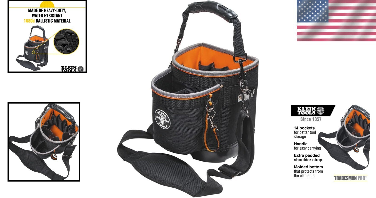 Durable Tool Bag with 14 Pockets and Comfort Shoulder Strap - Black & Orange