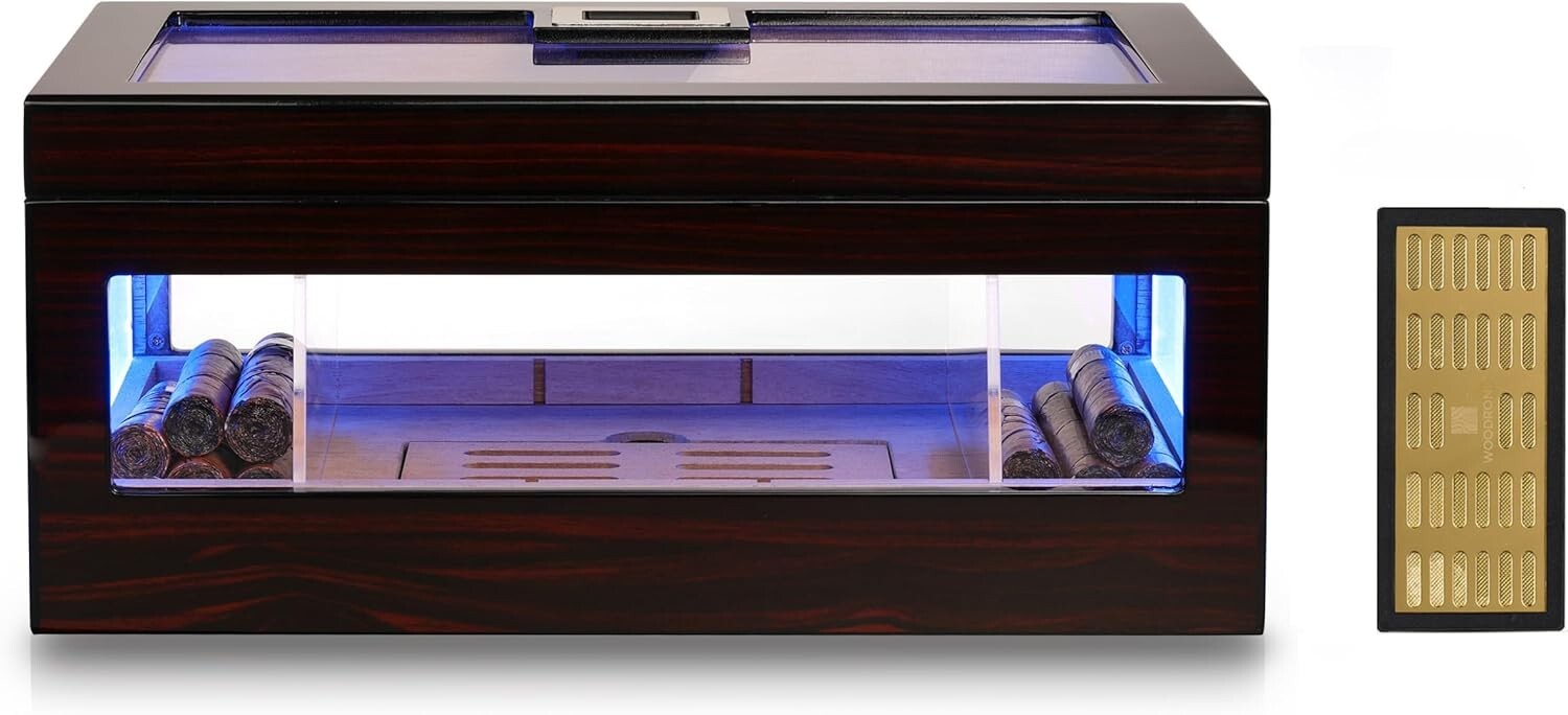 Stylish Cigar Humidor for 120 Cigars with Crystal Gel & Adjustable LED Lighting