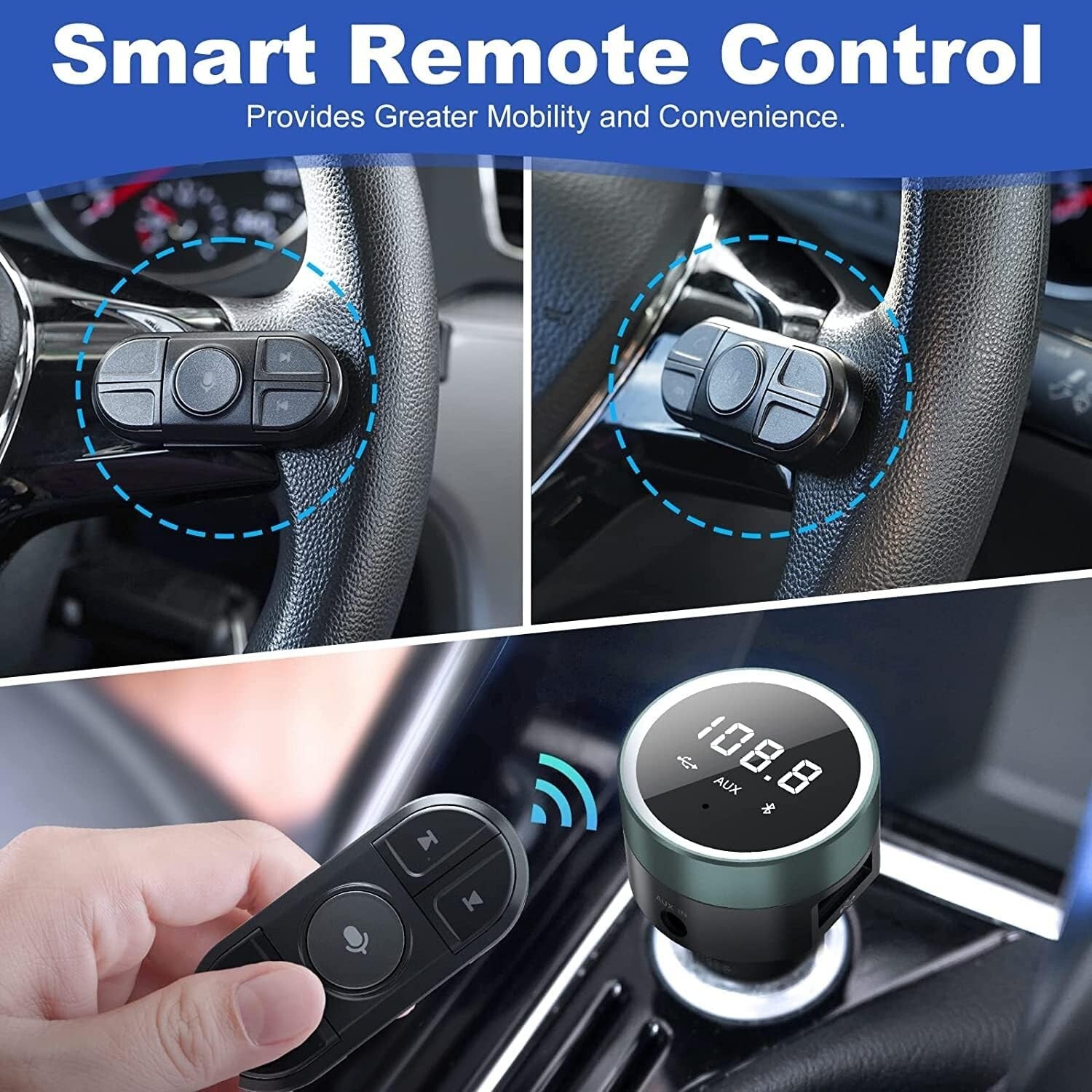 Bluetooth Car Adapter with Remote & Dual USB Charger - Hands-Free FM Transmitter