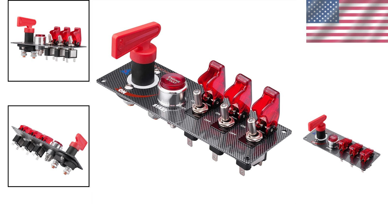 12V Racing Car Ignition Panel - Toggle & Push Button with Carbon Fiber Finish