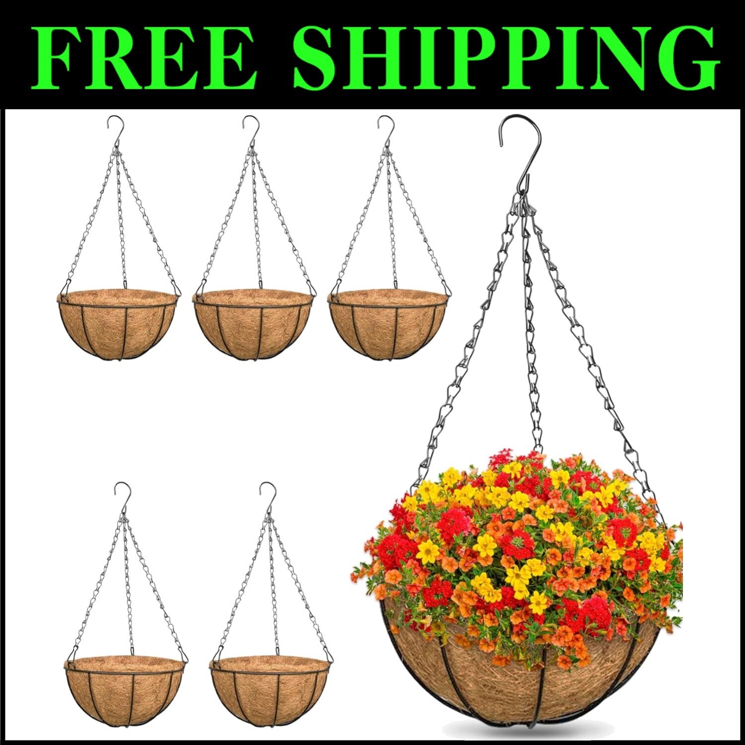 6 Pack 12" Metal Hanging Planter Baskets with Coco Liners for Vibrant Decor