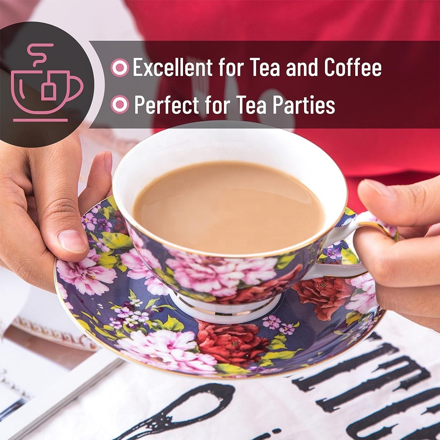 Assorted Floral Tea Cups and Saucers – 6 Piece Set with Elegant Gold Details