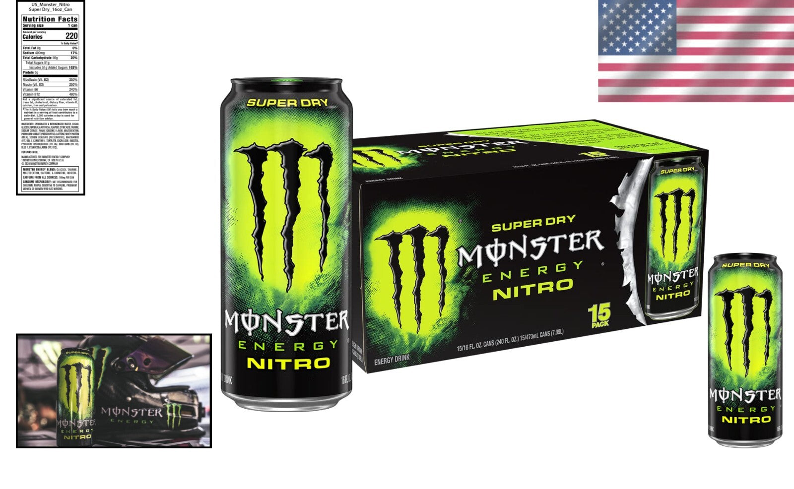 Supercharged Citrus Flavor Energy Drink - Monster Nitro Super Dry 16oz (15 Pack)