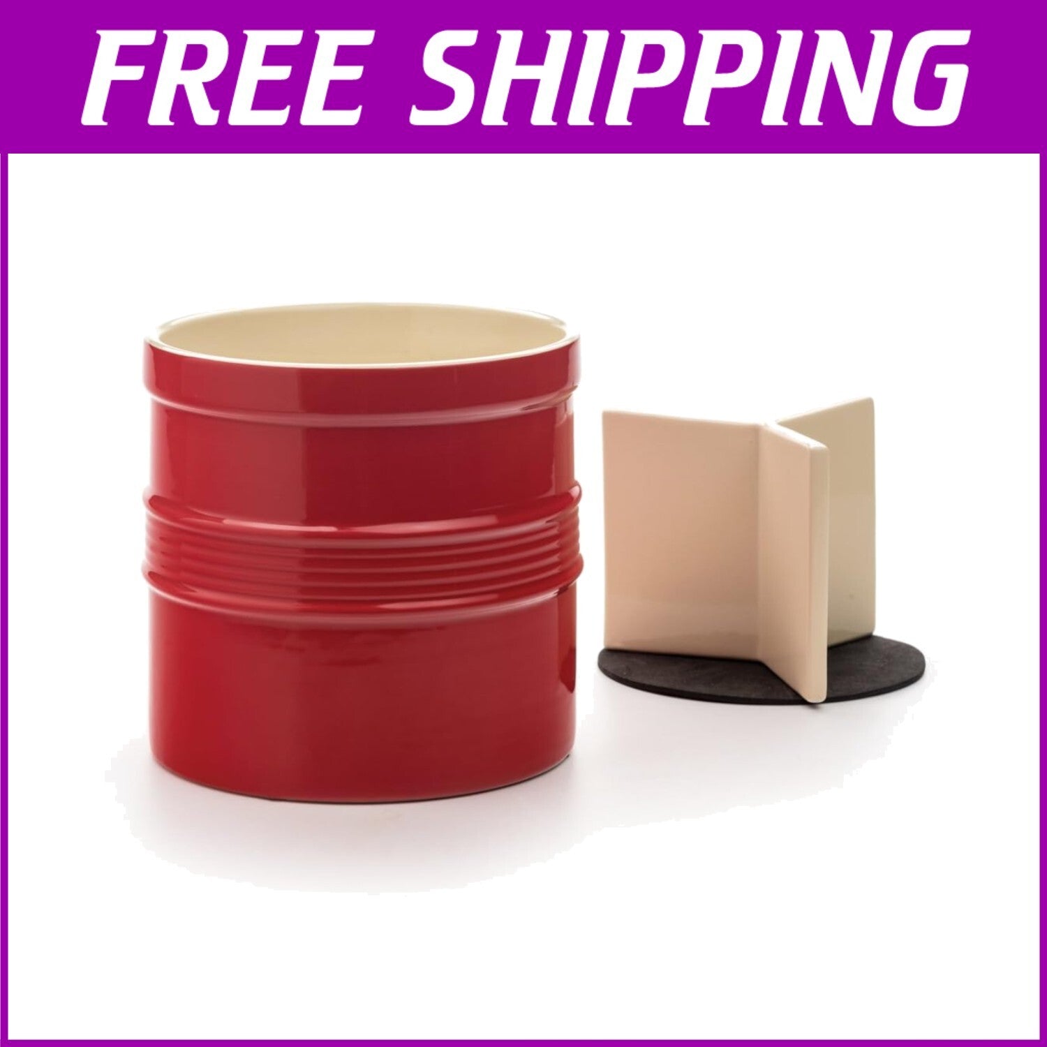 Durable Stoneware Kitchen Tool Holder with Red Lacquer Finish - 7.5" Diameter