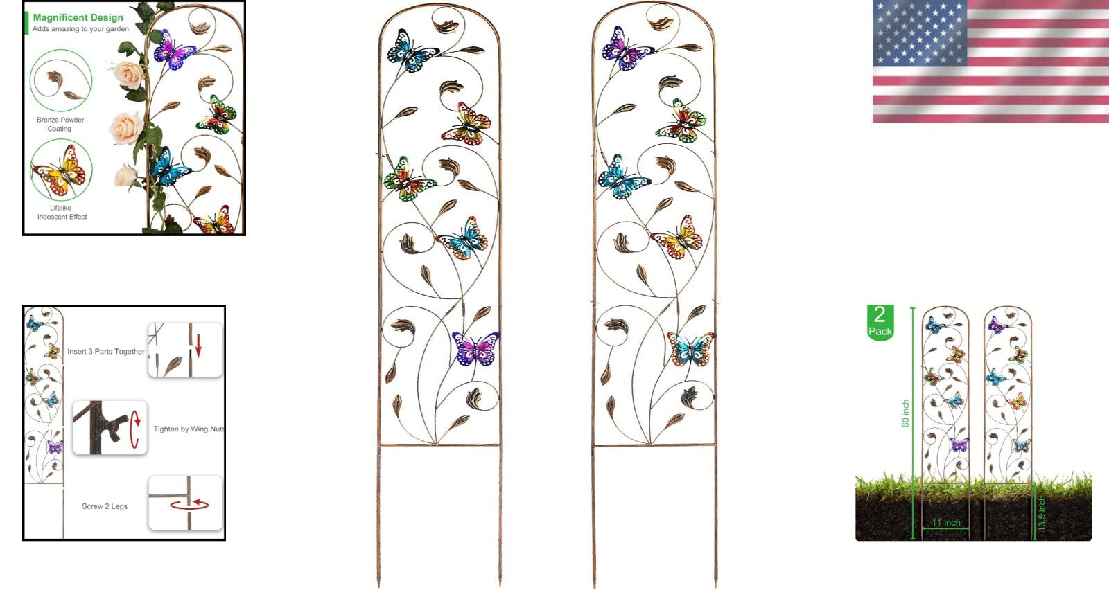 Elegant Butterfly Design Metal Trellis - 60” H for Climbing Vines and Flowers