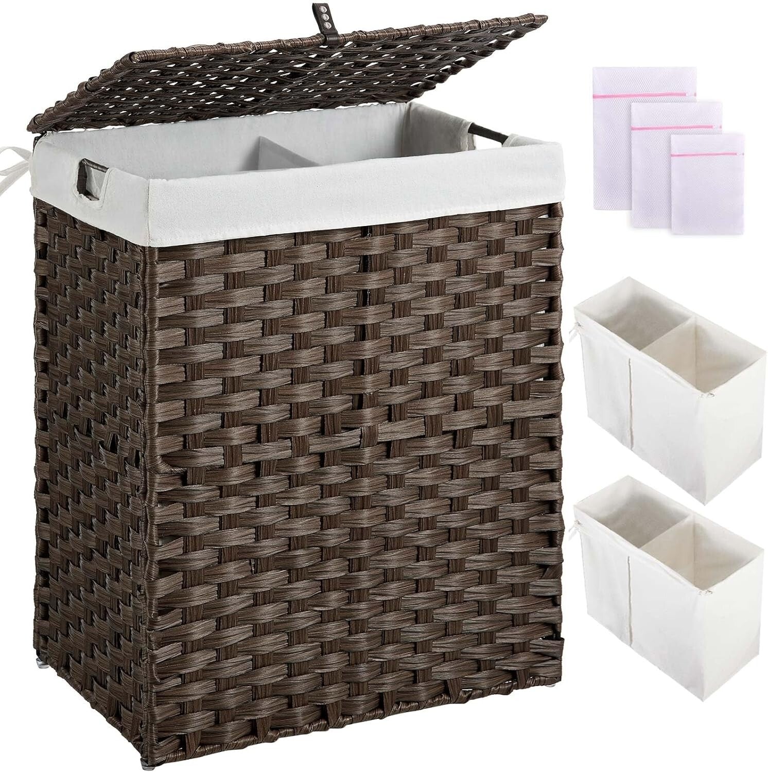 Collapsible Brown Laundry Basket with Removable Liners - No Install Needed