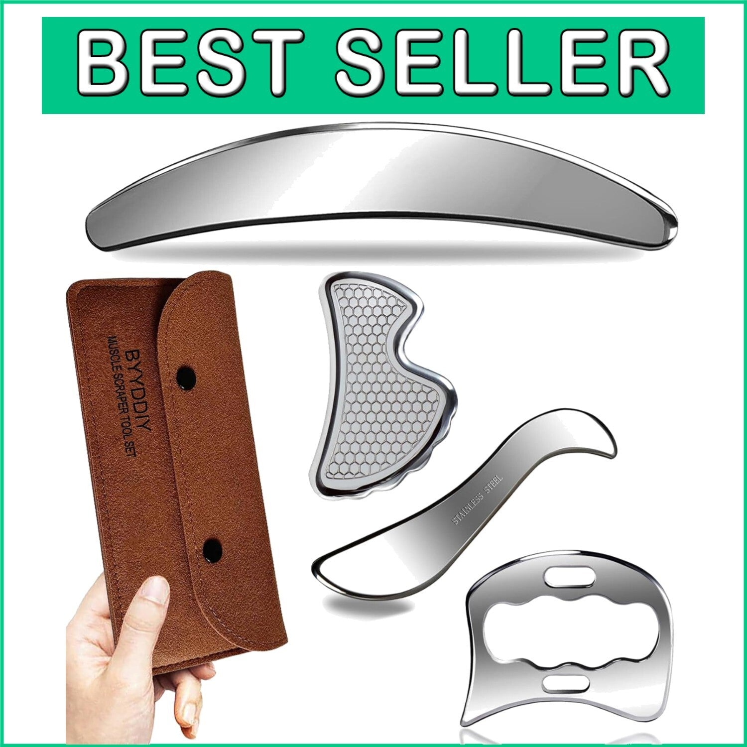 4 in 1 Stainless Steel Muscle Scraper Tool Kit for Pain Relief and Massage
